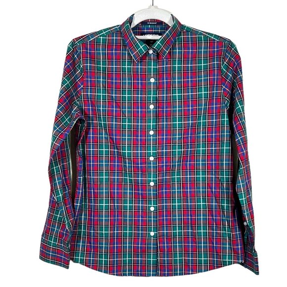 Lands End - Women's Size Petite 4 - Green & Red Plaid Button-up Dress Shirt - Picture 1 of 12